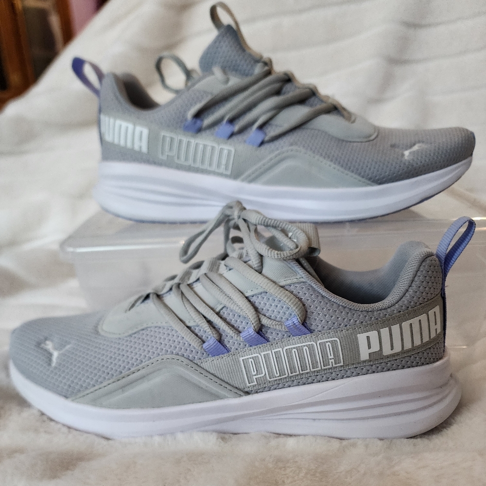 9W. Never Worn.  Puma Gray Athletic Sneakers With Blue Accents